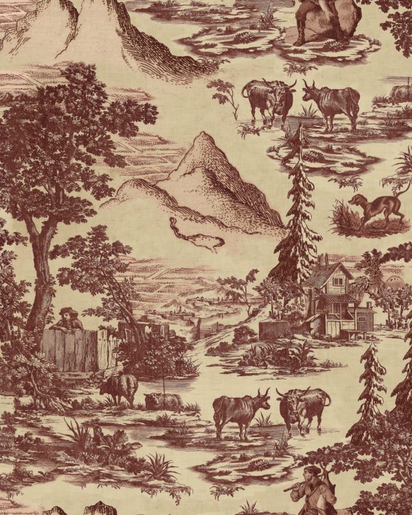 TOILE DU TYROL Burgundy Wallpaper | Malcolm Fabrics NZ