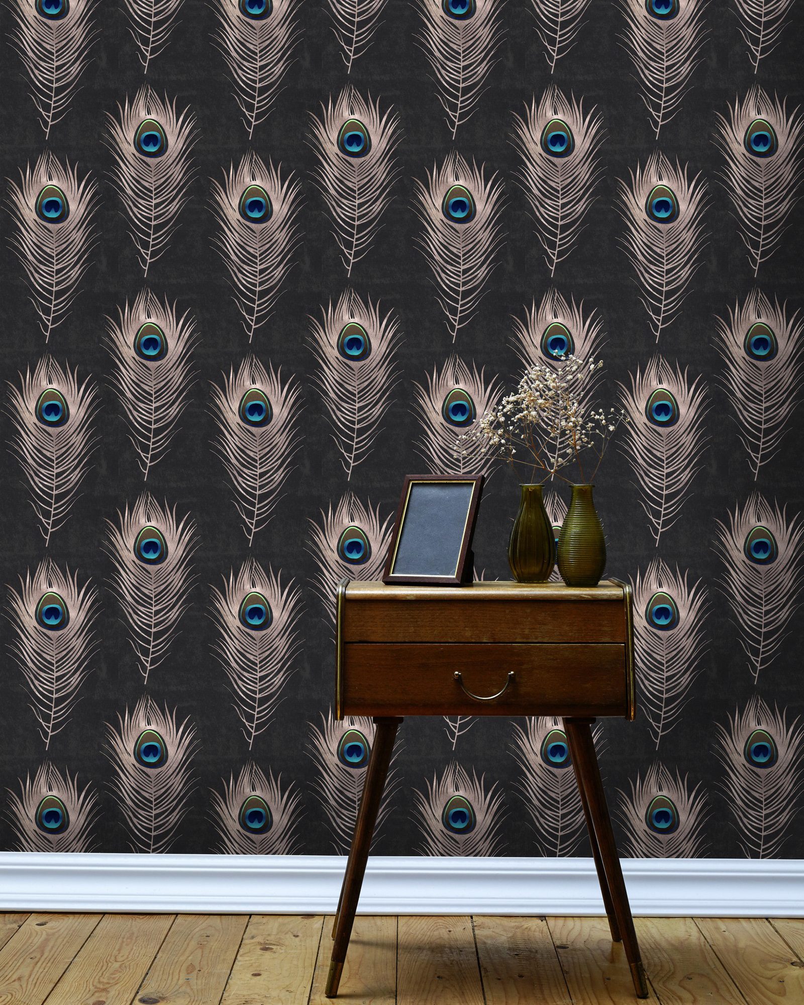 Portofino Safari Peacock Wallpaper - Textured Vinyl Roll - Green Gold Metallic Animal Print
